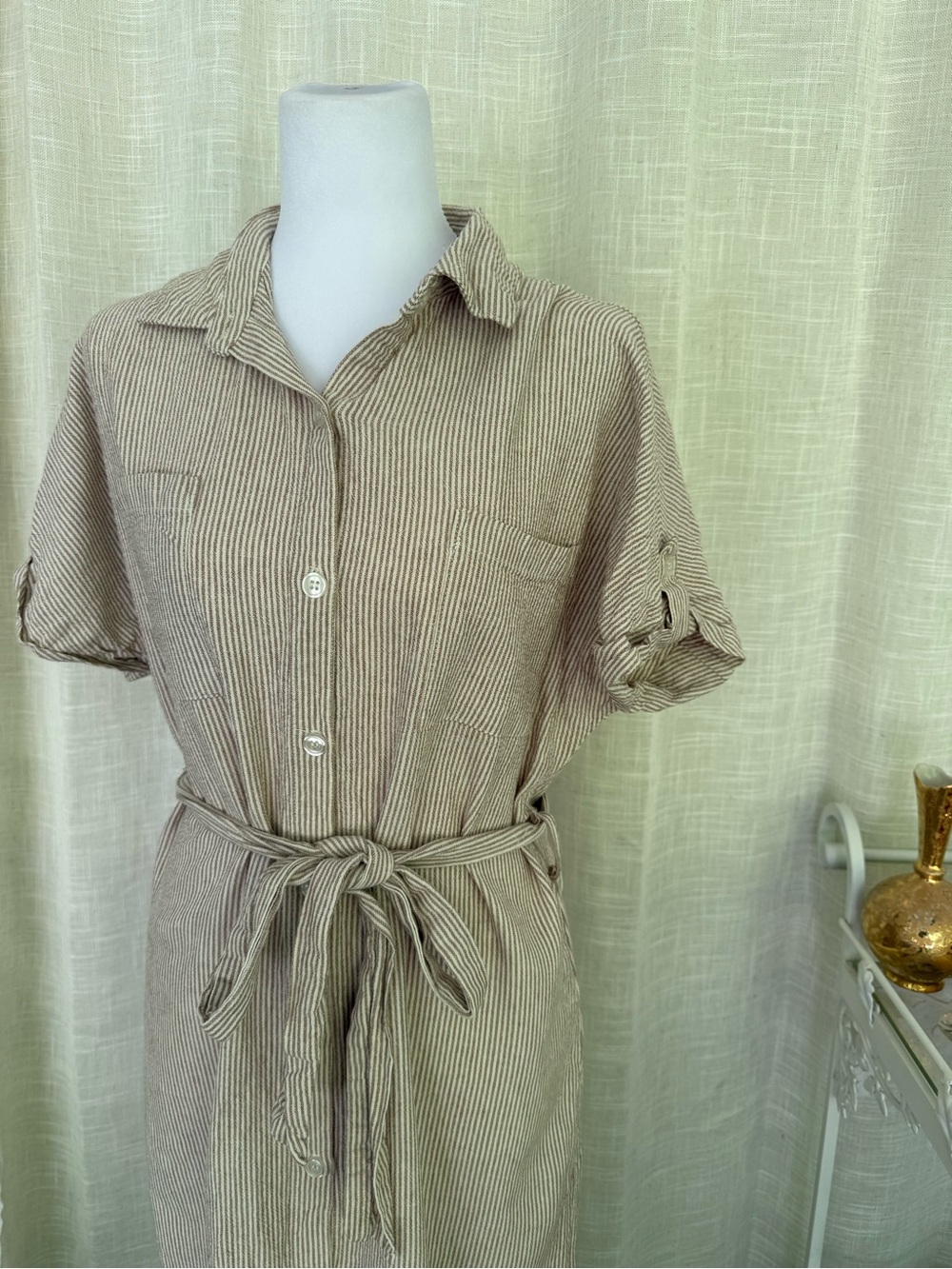 JustFab Linen Blend Striped Shirt Dress Belted Midi Tan Cream Size Large
